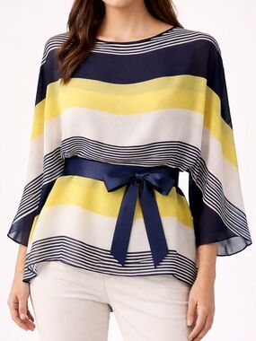 Oversized Flowy Navy and Yellow Striped Boatneck Blouse with Belt size Medium